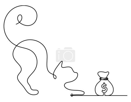 Téléchargez les illustrations : Silhouette de chat abstrait avec dollar en ligne dessin sur blanc - en licence libre de droit