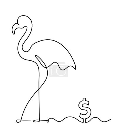 Illustration for Silhouette of abstract flamingo and dollar as line drawing on white - Royalty Free Image