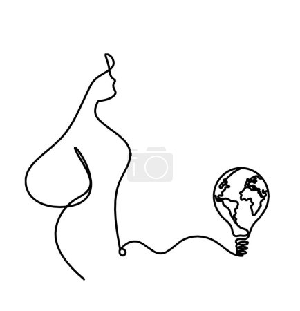 Téléchargez les illustrations : Corps de silhouette femme avec ampoule comme image de dessin de ligne sur blanc - en licence libre de droit