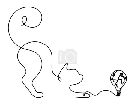 Illustration for Silhouette of abstract cat with exclamation mark in line drawing on white - Royalty Free Image