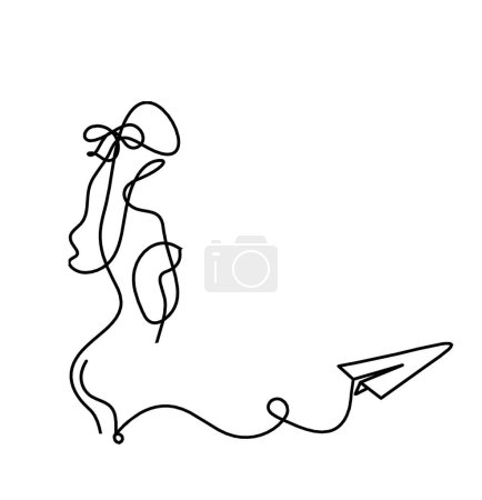 Illustration for Woman silhouette body with paper plane as line drawing picture on white - Royalty Free Image
