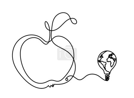 Ilustración de Línea de dibujo manzana con bombilla en el fondo blanco - Imagen libre de derechos