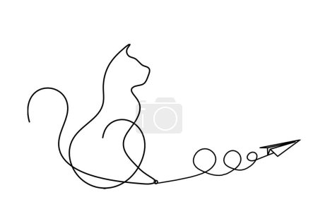 Téléchargez les illustrations : Silhouette de chat abstrait avec plan en papier en ligne dessin sur blanc - en licence libre de droit