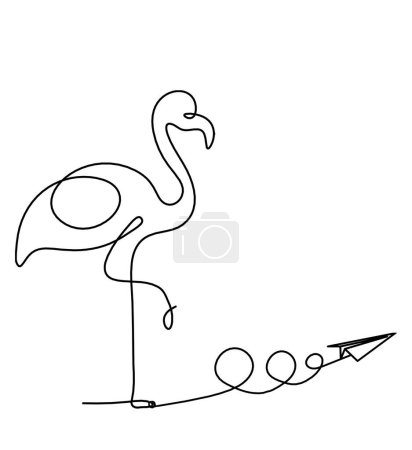 Illustration for Silhouette of abstract flamingo and paper plane as line drawing on white - Royalty Free Image