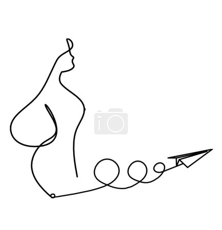 Illustration for Woman silhouette body with paper plane as line drawing picture on white - Royalty Free Image