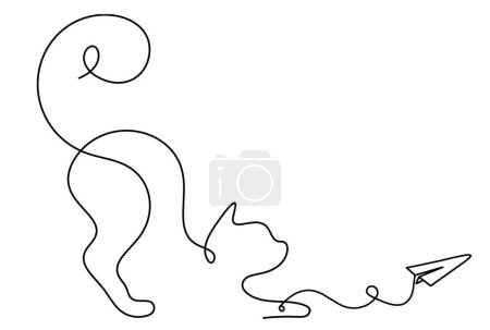 Téléchargez les illustrations : Silhouette de chat abstrait avec plan en papier en ligne dessin sur blanc - en licence libre de droit