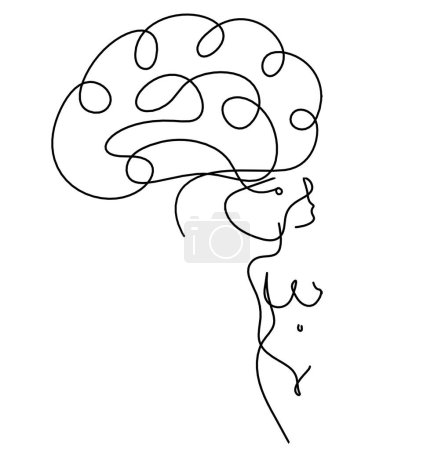 Téléchargez les illustrations : Corps de silhouette de femme avec le cerveau comme image de dessin de ligne sur blanc - en licence libre de droit
