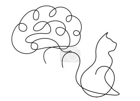 Téléchargez les illustrations : Silhouette de chat abstrait avec le cerveau en ligne dessin sur blanc - en licence libre de droit