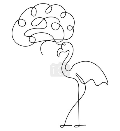 Illustration for Silhouette of abstract flamingo and brain as line drawing on white - Royalty Free Image