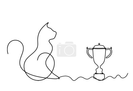 Téléchargez les illustrations : Silhouette de chat abstrait avec trophée en ligne dessin sur blanc - en licence libre de droit