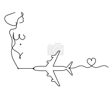 Illustration for Woman silhouette body with plane as line drawing picture on white - Royalty Free Image