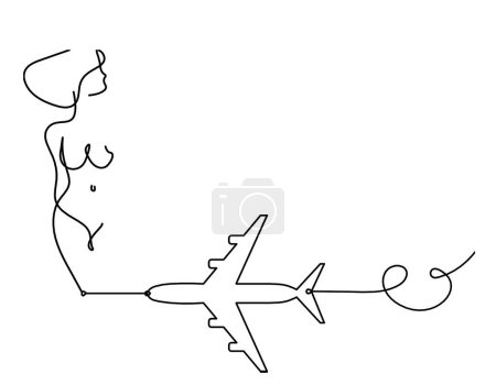 Illustration for Woman silhouette body with plane as line drawing picture on white - Royalty Free Image