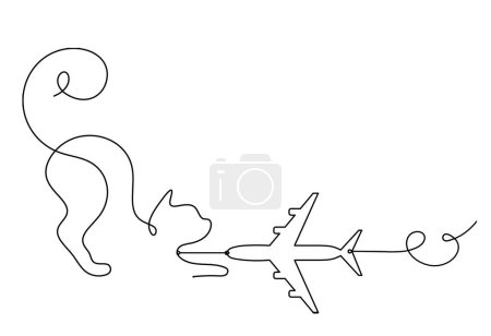 Illustration for Silhouette of abstract cat with plane in line drawing on white - Royalty Free Image