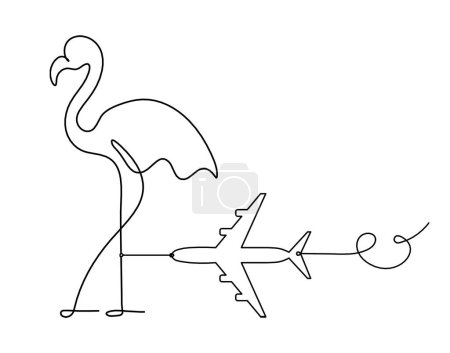 Illustration for Silhouette of abstract flamingo and plane as line drawing on white - Royalty Free Image