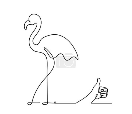 Illustration for Silhouette of abstract flamingo and hand as line drawing on white - Royalty Free Image