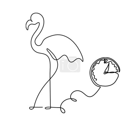 Illustration for Silhouette of abstract flamingo and clock as line drawing on white - Royalty Free Image