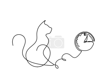 Téléchargez les illustrations : Silhouette de chat abstrait avec horloge en ligne dessin sur blanc - en licence libre de droit