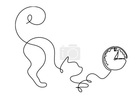 Téléchargez les illustrations : Silhouette de chat abstrait avec horloge en ligne dessin sur blanc - en licence libre de droit