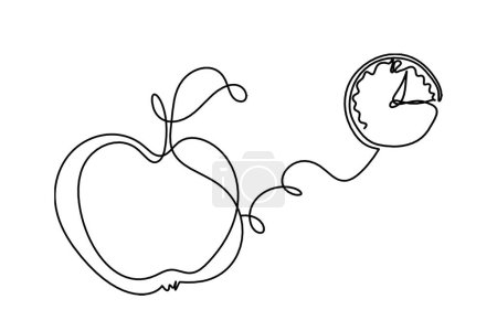 Ilustración de Línea de dibujo manzana con reloj sobre fondo blanco - Imagen libre de derechos
