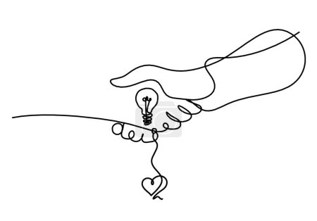 Téléchargez les illustrations : Poignée de main abstraite et coeur comme dessin de ligne sur fond blanc - en licence libre de droit