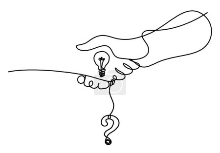 Ilustración de Apretón de manos abstracto y signo de interrogación como dibujo de línea sobre fondo blanco - Imagen libre de derechos