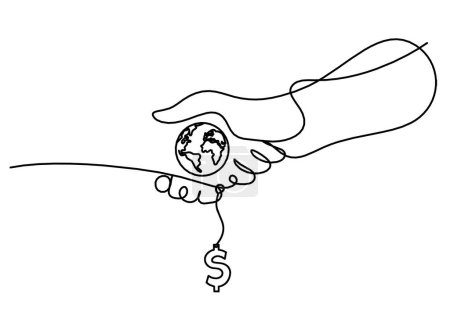 Téléchargez les illustrations : Poignée de main abstraite et dollar comme dessin de ligne sur fond blanc - en licence libre de droit