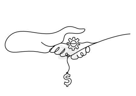 Téléchargez les illustrations : Poignée de main abstraite et dollar comme dessin de ligne sur fond blanc - en licence libre de droit