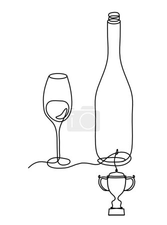 Téléchargez les illustrations : Ligne de dessin bouteille de champagne ou de vin avec trophée sur le fond blanc - en licence libre de droit