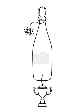 Illustration for Drawing line bottle of champagne or wine with trophy on the white background - Royalty Free Image