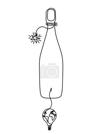 Téléchargez les illustrations : Ligne de dessin bouteille de champagne ou de vin avec ampoule sur le fond blanc - en licence libre de droit