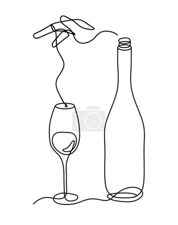 Ilustración de Botella de línea de dibujo de champán o vino con mano sobre fondo blanco - Imagen libre de derechos