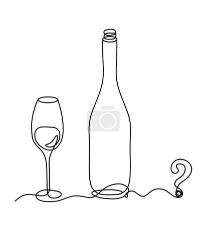 Ilustración de Línea de dibujo botella de champán o vino con signo de interrogación en el fondo blanco - Imagen libre de derechos