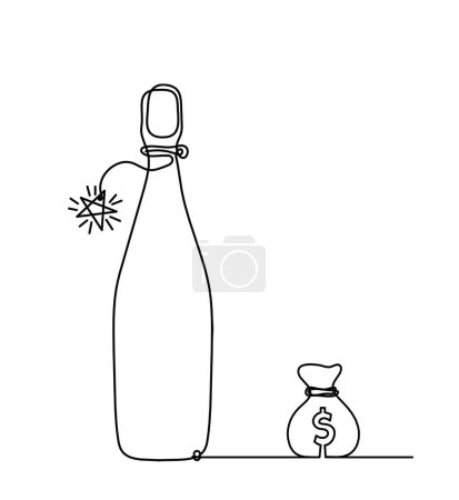 Ilustración de Línea de dibujo botella de champán o vino con dólar sobre fondo blanco - Imagen libre de derechos