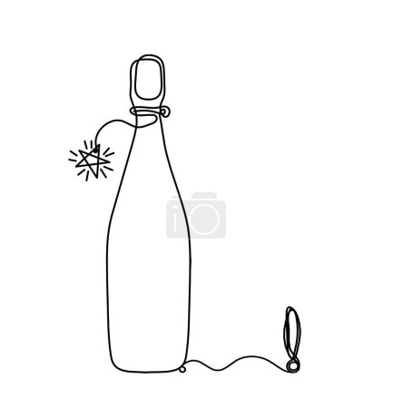 Téléchargez les illustrations : Ligne de dessin bouteille de champagne ou de vin avec point d'exclamation sur le fond blanc - en licence libre de droit