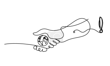 Ilustración de Apretón de manos abstracto y signo de exclamación como dibujo de línea sobre fondo blanco - Imagen libre de derechos
