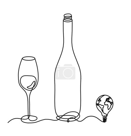 Ilustración de Botella de línea de dibujo de champán o vino con bombilla sobre fondo blanco - Imagen libre de derechos