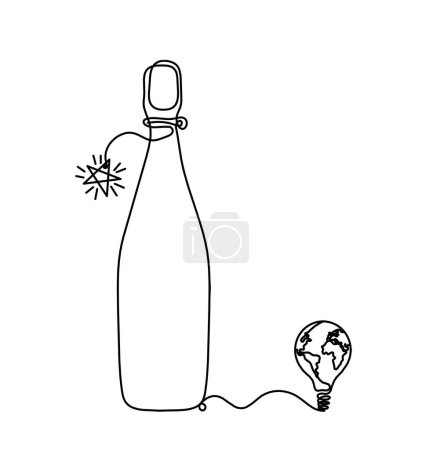 Illustration for Drawing line bottle of champagne or wine with light bulb on the white background - Royalty Free Image