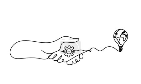 Illustration for Abstract handshake and light bulb as line drawing on white background - Royalty Free Image
