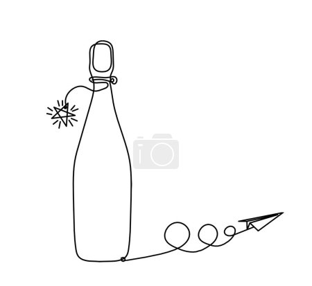 Illustration for Drawing line bottle of champagne or wine with paper plane on the white background - Royalty Free Image
