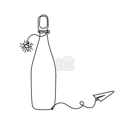 Téléchargez les illustrations : Ligne de dessin bouteille de champagne ou de vin avec avion en papier sur le fond blanc - en licence libre de droit