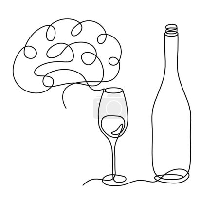 Ilustración de Línea de dibujo botella de champán o vino con cerebro en el fondo blanco - Imagen libre de derechos