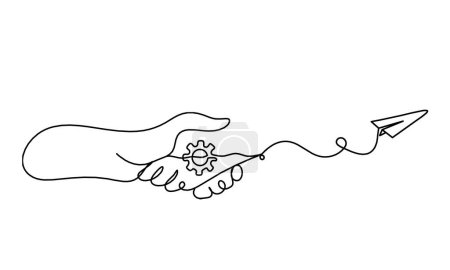 Illustration for Abstract handshake and paper plane as line drawing on white background - Royalty Free Image