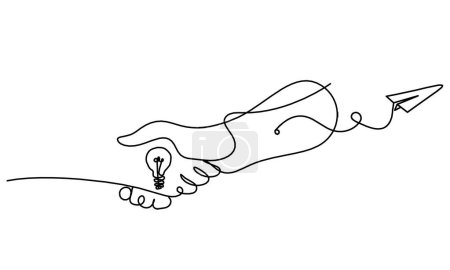 Téléchargez les illustrations : Poignée de main abstraite et plan en papier comme dessin au trait sur fond blanc - en licence libre de droit