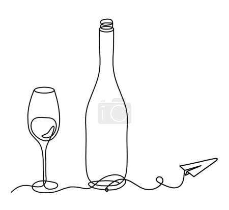 Illustration for Drawing line bottle of champagne or wine with paper plane on the white background - Royalty Free Image