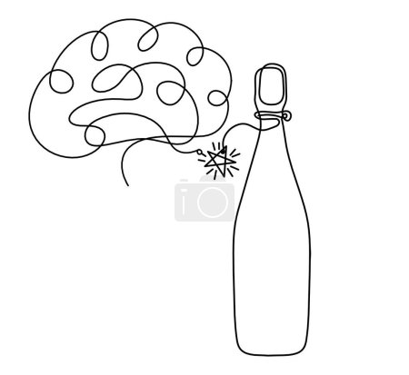 Téléchargez les illustrations : Dessin ligne bouteille de champagne ou de vin avec cerveau sur le fond blanc - en licence libre de droit