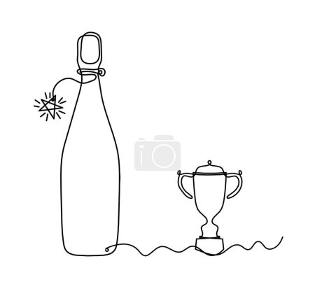 Téléchargez les illustrations : Ligne de dessin bouteille de champagne ou de vin avec trophée sur le fond blanc - en licence libre de droit