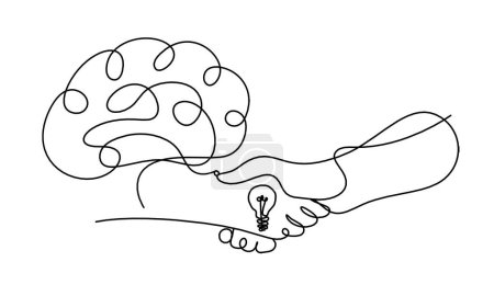 Téléchargez les illustrations : Poignée de main abstraite et le cerveau comme dessin de ligne sur fond blanc - en licence libre de droit