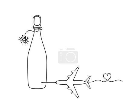 Téléchargez les illustrations : Ligne de dessin bouteille de champagne ou de vin avec avion sur le fond blanc - en licence libre de droit