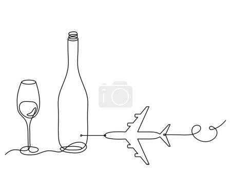 Téléchargez les illustrations : Ligne de dessin bouteille de champagne ou de vin avec avion sur le fond blanc - en licence libre de droit