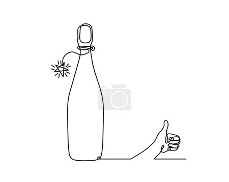 Téléchargez les illustrations : Ligne de dessin bouteille de champagne ou de vin à la main sur fond blanc - en licence libre de droit